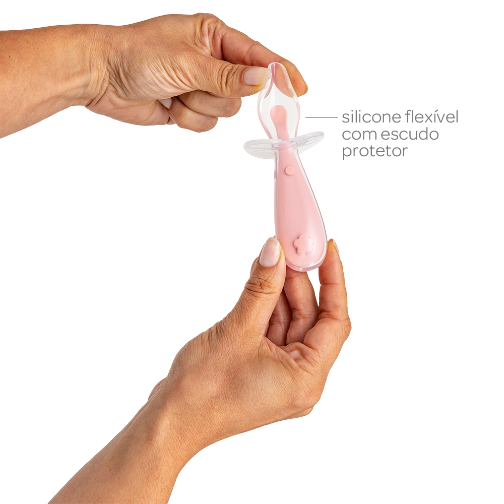 Colher Em Silicone Rosa Flexível Para Bebês