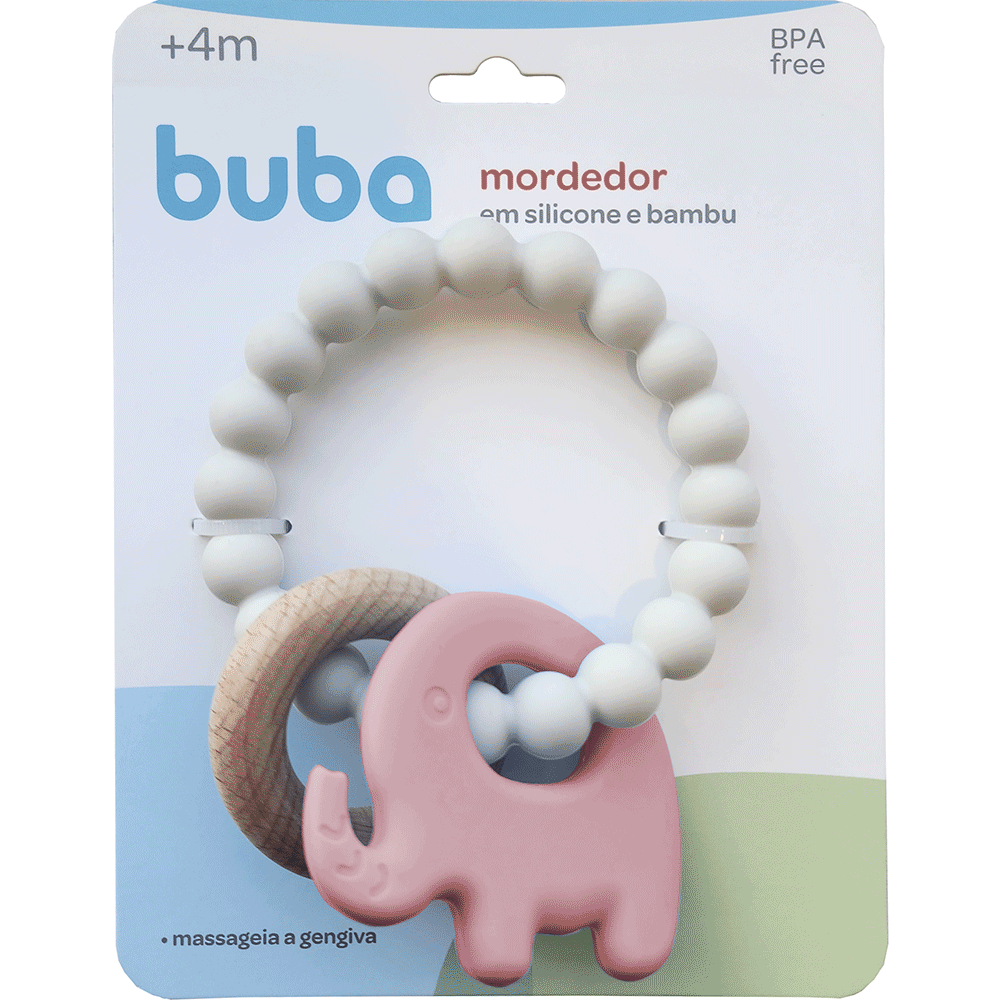 MORDEDOR EM SILICONE E BAMBU ELEFANTE ROSA