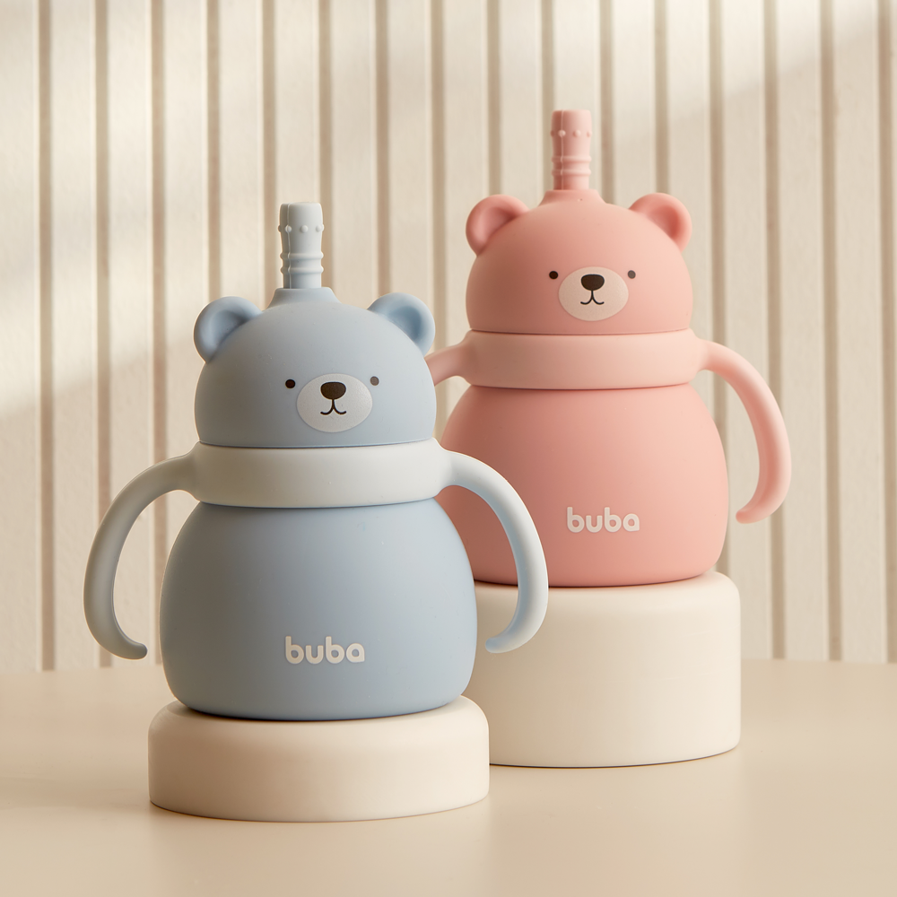 Copo Em Silicone Com Canudo Ursinho Azul