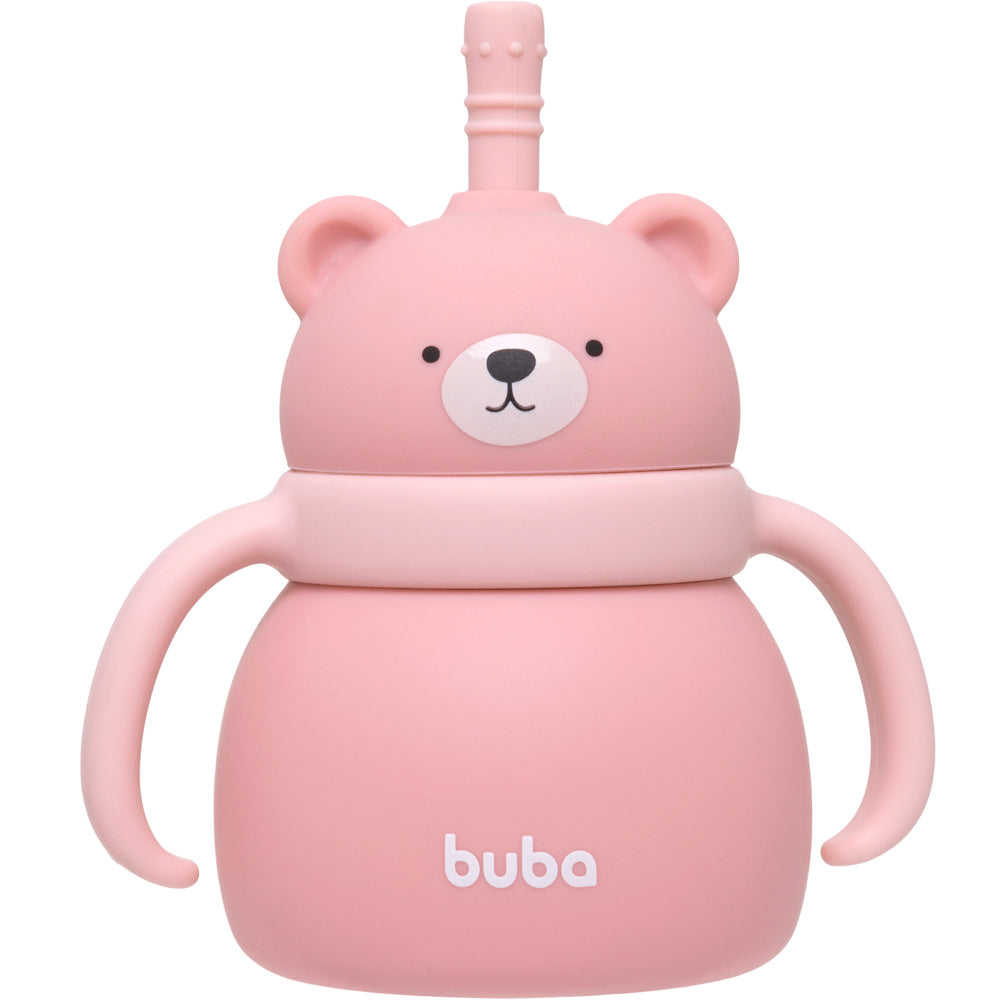 Copo Em Silicone Com Canudo Ursinho Rosa