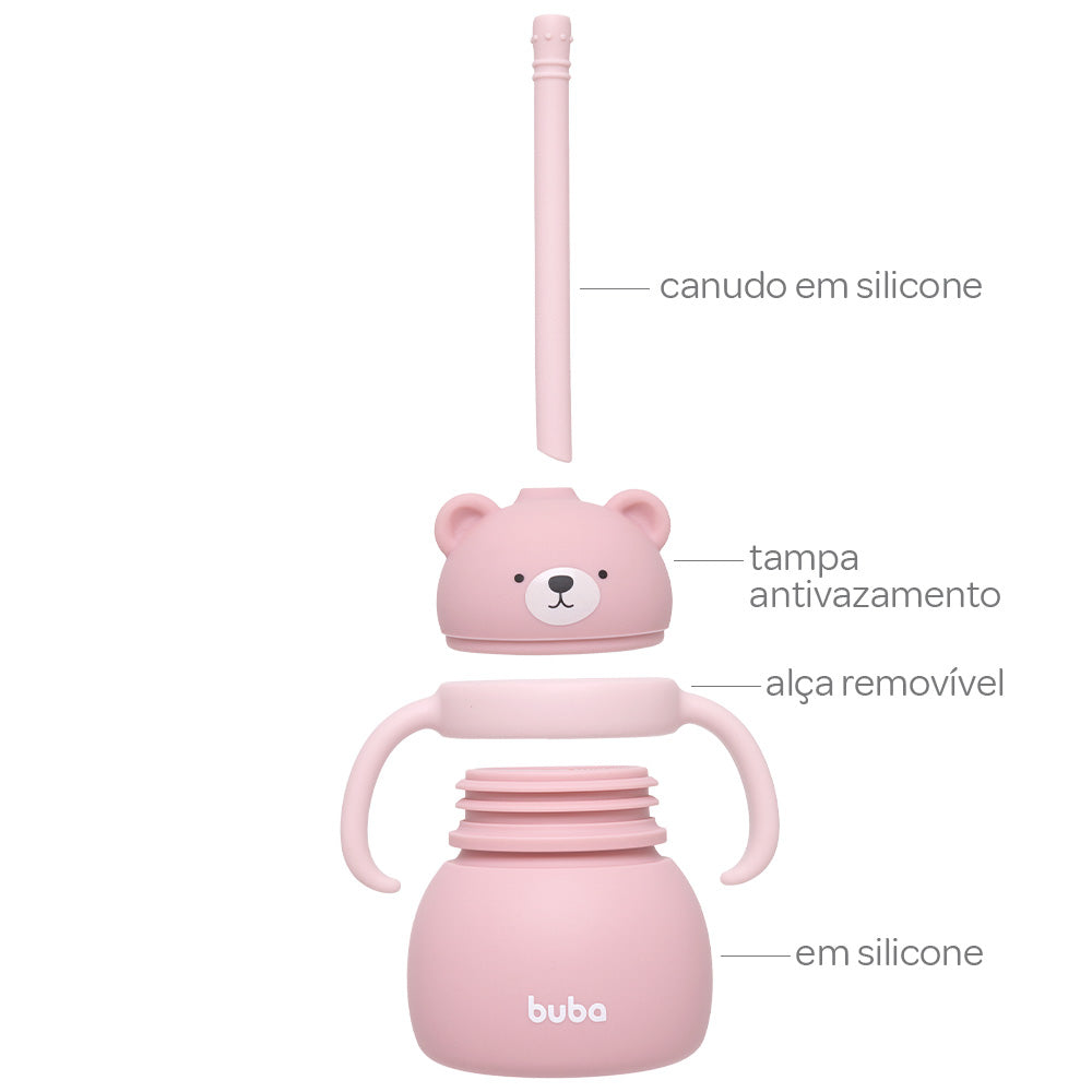 Copo Em Silicone Com Canudo Ursinho Rosa