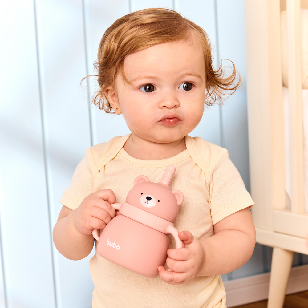 Copo Em Silicone Com Canudo Ursinho Rosa