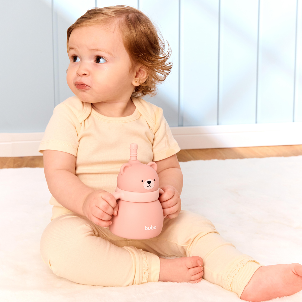 Copo Em Silicone Com Canudo Ursinho Rosa