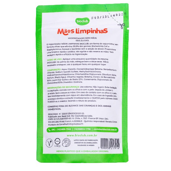 Refil Higienizador de Mãos Sem Álcool Mãos Limpinhas BioClub 200ml