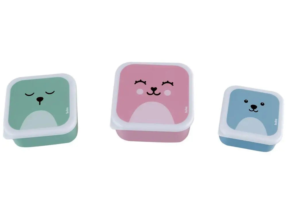 Kit de Potes Buba com Tampa Quadrado Gumy 3 Peças: Rosa, Verde & Azul