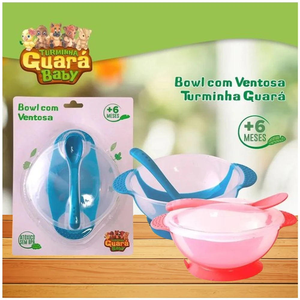 Bowl com ventosa Turminha Guará Prato Infantil Rosa + Colher