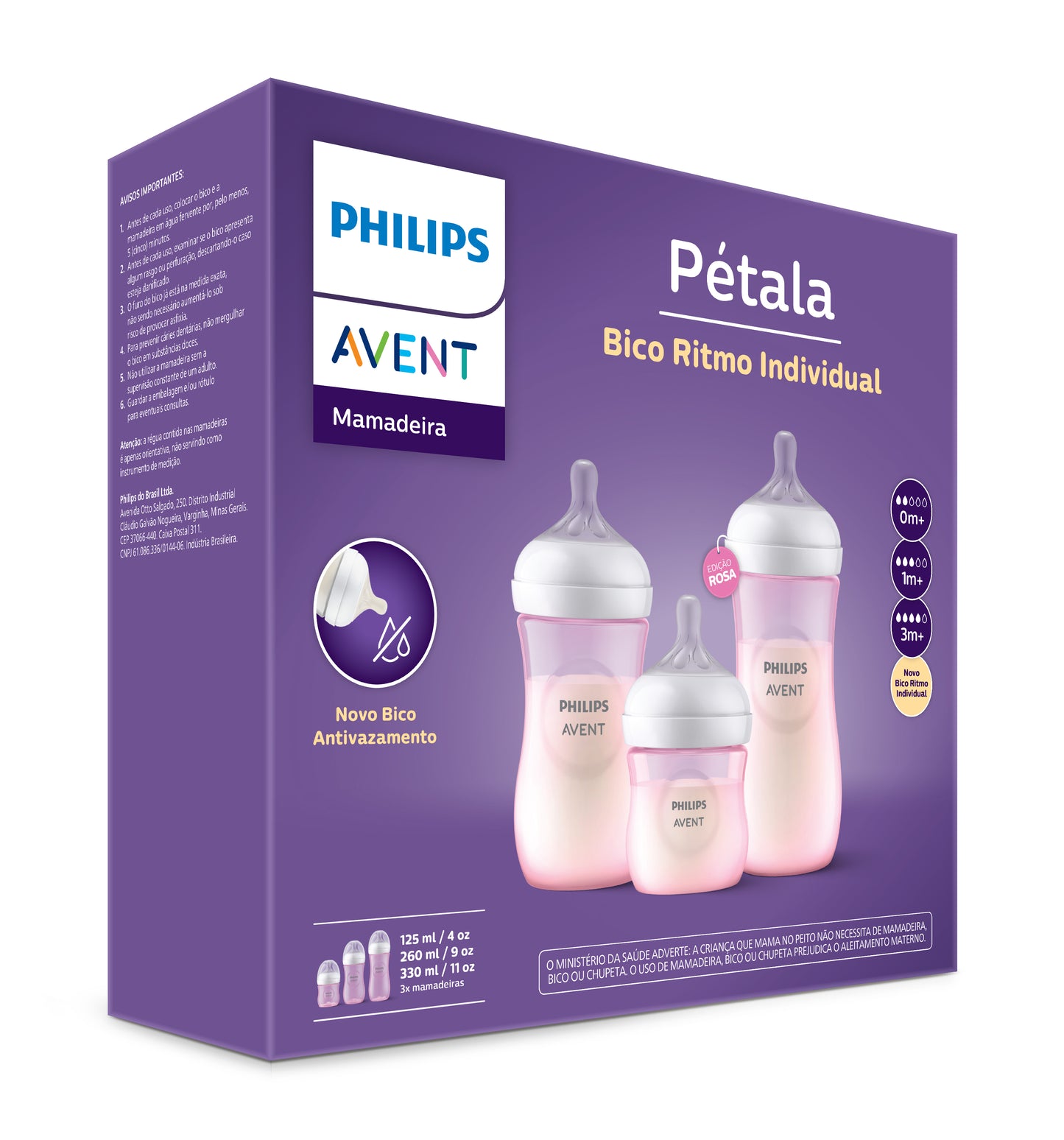 Kit Triplo Rosa Mamadeiras Pétala 125 ml + 260 ml + 330 ml